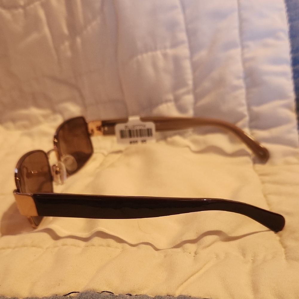 Women's Brown Rectangular Sunglasses with Gold Ac… - image 4